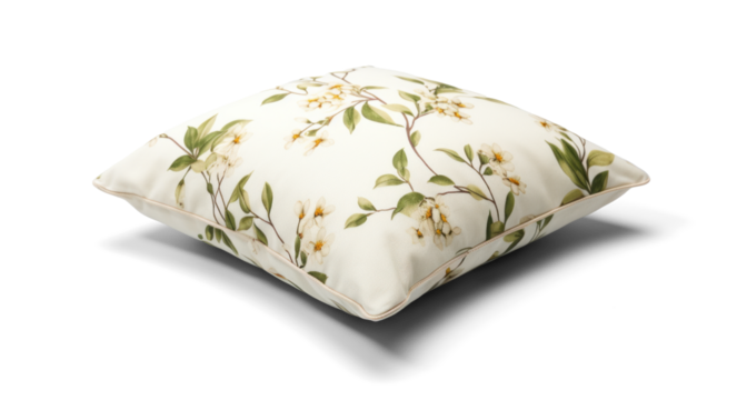 sofa decorative pillow cushion with floral pattern, png file of isolated cutout object with shadow on transparent background.