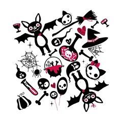 Halloween cartoon doodle set bat and cat and ghost and skulls pattern for wrapping paper and fabrics