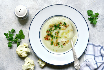 Thick cauliflower soup. Top view with copy space.