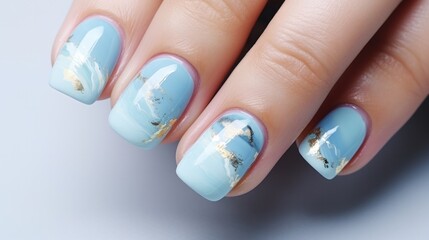 A woman's hand with a sky-blue and gold manicure. A nail polish design. Generative AI.	