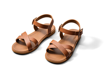 brown leather sandals, png file of isolated cutout object with shadow on transparent background.