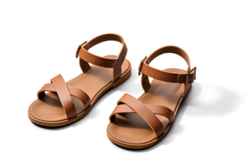 brown leather sandals, png file of isolated cutout object with shadow on transparent background.