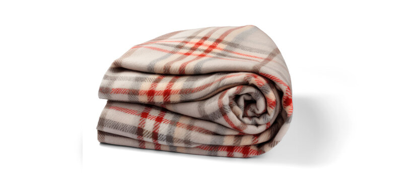folded warm wool checkered plaid blanket, png file of isolated cutout object with shadow on transparent background.