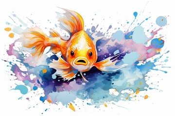 Fototapeta na wymiar Cute animal illustration with colorful splash, ideal for kids' room or animal-themed wallpaper, showcasing a small fish. Generative AI