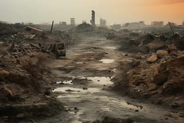 Deurstickers Desolate landscape of destruction and hopelessness. Generative AI © Persephone