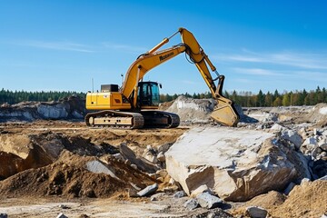 Development of quarry with excavator on stone pile and crawler excavator under blue sky. Extraction of natural stone and gravel loading using special equipment. Generative AI