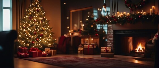 Christmas tree with presents and fireplace, wide photo