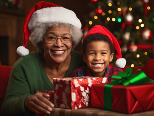 Fototapeta na wymiar African American grandmother and young grandson with Christmas presents, against Christmas background. Both are smiling and looking at the camera. Narrow depth of field with focus on faces.