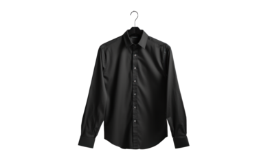 black classic mans shirt hanging on a hanger, png file of isolated cutout object with shadow on transparent background.