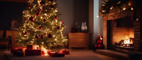 Fototapeta na wymiar Christmas tree with presents and fireplace, wide photo