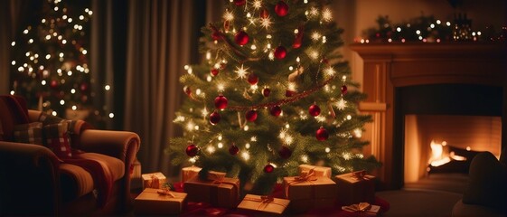 Fototapeta na wymiar Christmas tree with presents and fireplace, wide photo