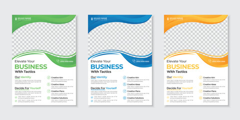 Business corporate flyer template design with trendy creative colorful wavy shapes, multipurpose marketing advertising poster magazine publication cover ads set, half page editable one sided A4 flyer