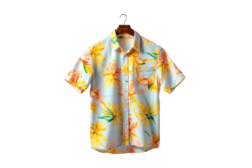 floral Hawaiian shirt hanging on a hanger, png file of isolated cutout object on transparent background.