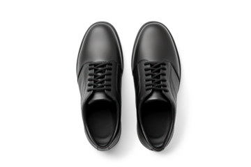 top view black leather classic men's shoes, png file of isolated cutout object with shadow on transparent background.
