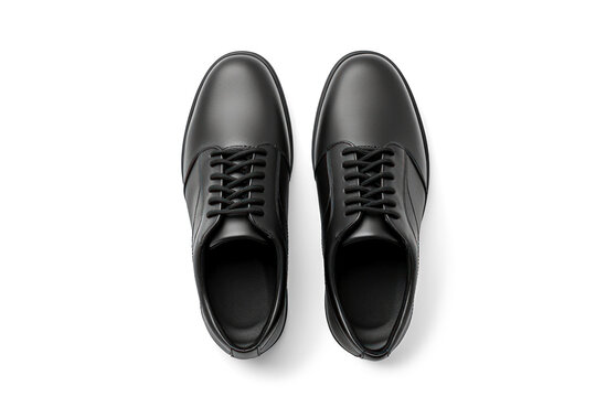 top view black leather classic men's shoes, png file of isolated cutout object with shadow on transparent background.
