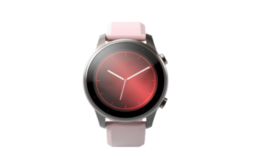 analog pink wristwatch with arrows, png file of isolated cutout object with shadow on transparent background.