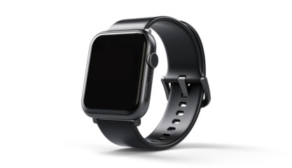 wrist smart watch mockup with black strap, png file of isolated cutout object with shadow on transparent background.