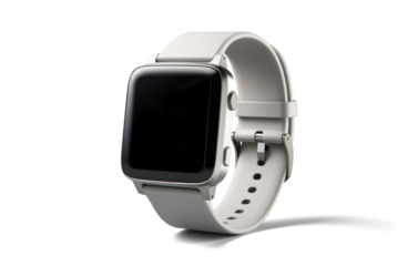 wrist smart watch mockup with white strap, png file of isolated cutout object with shadow on transparent background.