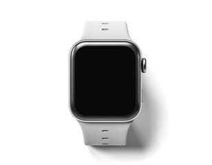 wrist smart watch mockup with white strap, png file of isolated cutout object with shadow on transparent background.