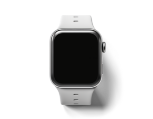 wrist smart watch mockup with white strap, png file of isolated cutout object with shadow on transparent background.