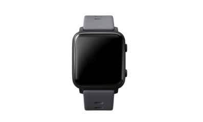wrist smart watch mockup with black strap, png file of isolated cutout object with shadow on transparent background.