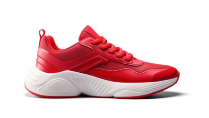 red running sneakers mockup, png file of isolated cutout object with shadow on transparent background.