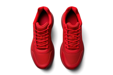 red running sneakers mockup top view, png file of isolated cutout object with shadow on transparent background.