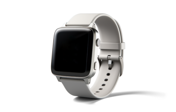 wrist smart watch mockup with white strap, png file of isolated cutout object with shadow on transparent background.