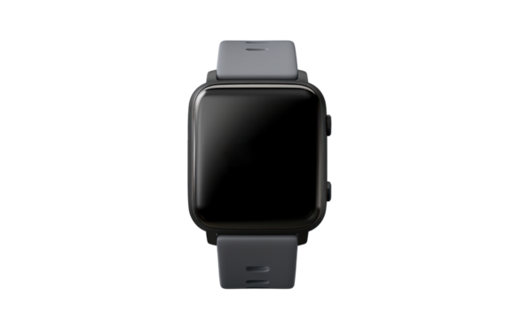 wrist smart watch mockup with black strap, png file of isolated cutout object with shadow on transparent background.