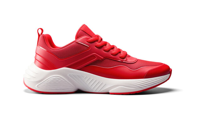 red running sneakers mockup, png file of isolated cutout object with shadow on transparent background.