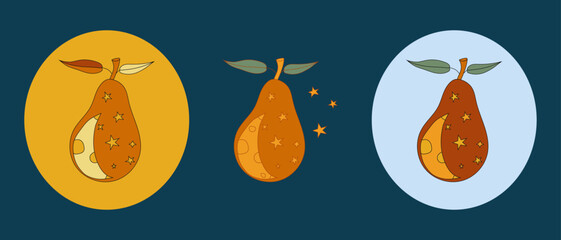 set of three cosmic pears and stars and moons on a contrasting background, pears in a circle