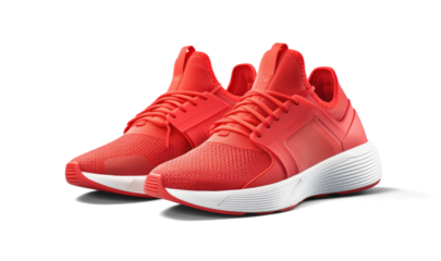 red running sneakers mockup, png file of isolated cutout object with shadow on transparent background.