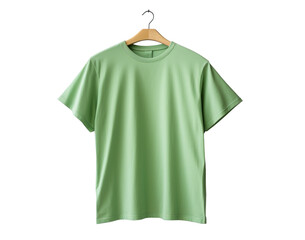 green t-shirt mockup on a hanger, png file of isolated cutout object with shadow on transparent background.
