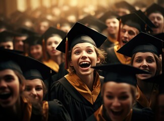 Obraz premium Happy time graduation, university institute school, graduation mantle and cap, joy group, receiving Bachelor Specialist Master degree, group selfies, classroom auditorium , toss up valedictorian hat.