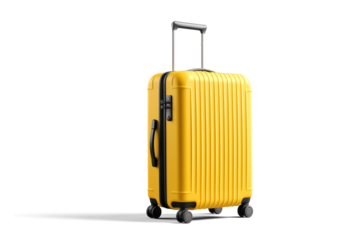 big yellow travel suitcase, png file of isolated cutout object with shadow on transparent background.