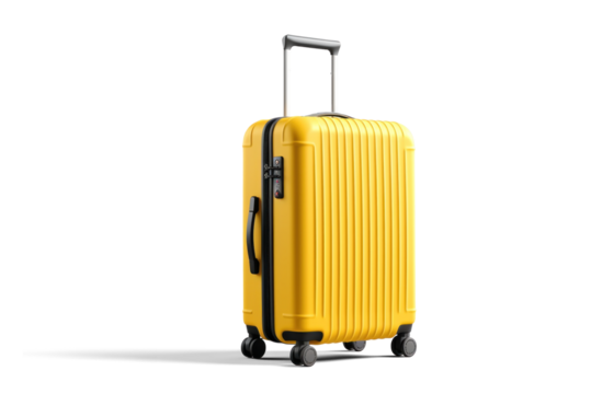big yellow travel suitcase, png file of isolated cutout object with shadow on transparent background.