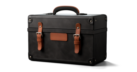 black leather cosmetic bag or travel suitcase, png file of isolated cutout object with shadow on transparent background.