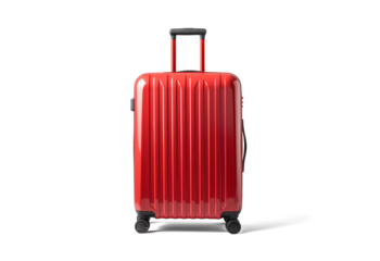 big red travel suitcase, png file of isolated cutout object with shadow on transparent background.