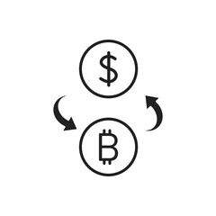 Dollar and bitcoin icon. Dollar, money and bitcoin exchange icon. Bitcoin payment, crypto icon, illustration.
