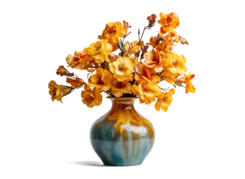 vase with beautiful orange flowers, png file of isolated cutout object with shadow on transparent background.