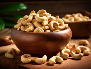 Bowl with cashew nuts on wooden table , Cashew nuts on the bowl, Cashew lovers day , Generative Ai