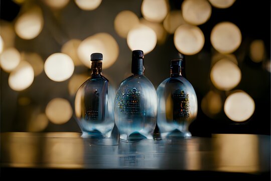 3 bottles of gin at the Academy Awards stage presentation gradient colors futuristic shape keyshot product rendering hyperrealistic blueprint behance award winner cinematic shot photos taken by 