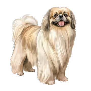 Cute Pekingese dog, standing. watercolor illustration, isolated on white transparent background