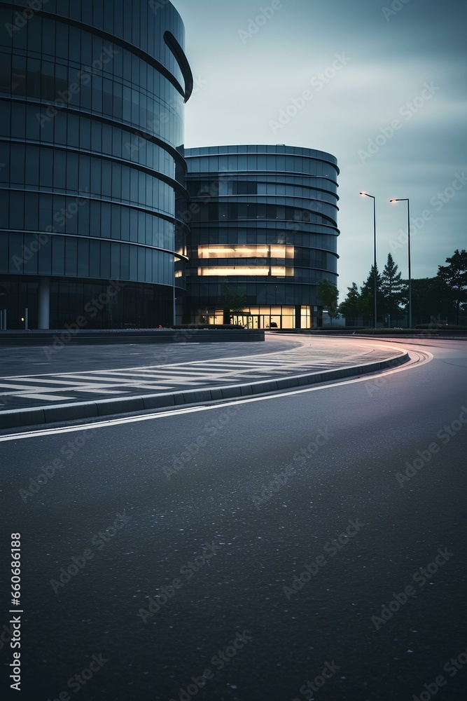 Wall mural gray building and asphalt road. early morning or dawn scene of the street where the rain stopped. ge