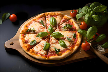 Fresh Margherita pizza slices with salami, Tasty Margherita Pizza slices with ham, Margherita Pizza with with Fresh Tomatoes and Basil