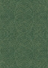 Hand-drawn unique abstract seamless ornament. Light green on a darker warm green background, with splatters of golden glitter. Paper texture. Digital artwork, A4. (pattern: p02-2d)