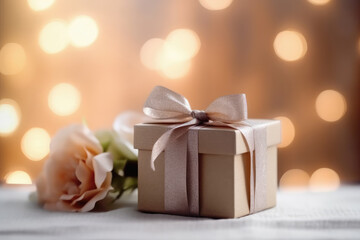 Fototapeta na wymiar paquete envuelto para regalo decorado con lazo y rosa junto a una flor, sobre soporte blanco y fondo desenfocado