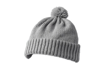 gray warm winter hat with pompom, png file of isolated cutout object with shadow on transparent background.