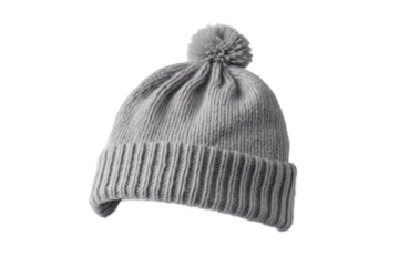 gray warm winter hat with pompom, png file of isolated cutout object with shadow on transparent background.