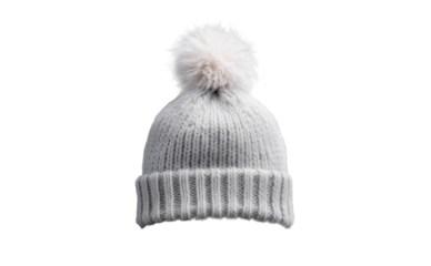 gray warm winter hat with pompom, png file of isolated cutout object with shadow on transparent background.